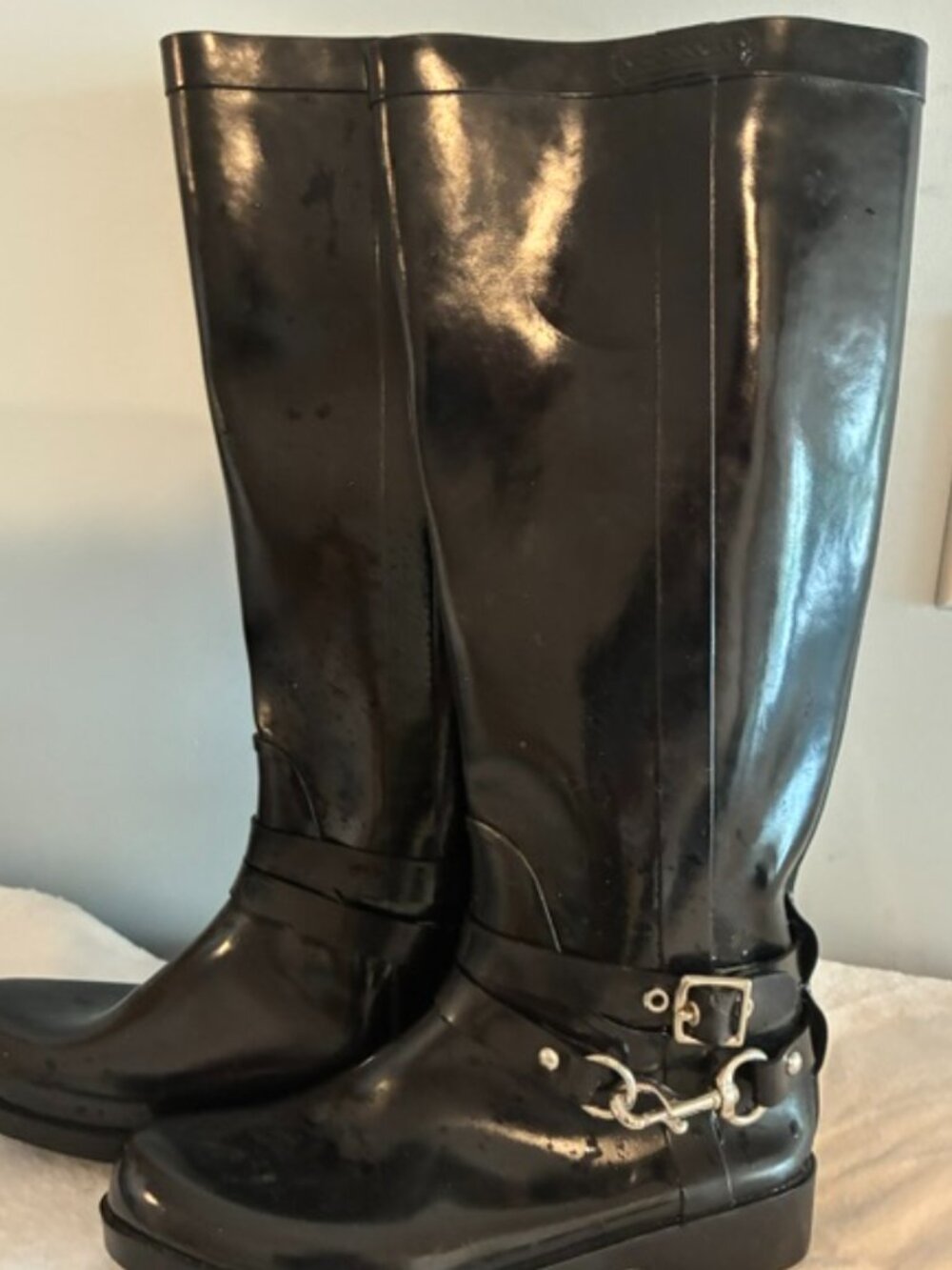 Beautiful Coach Lori B tall black rain boots. Size 6